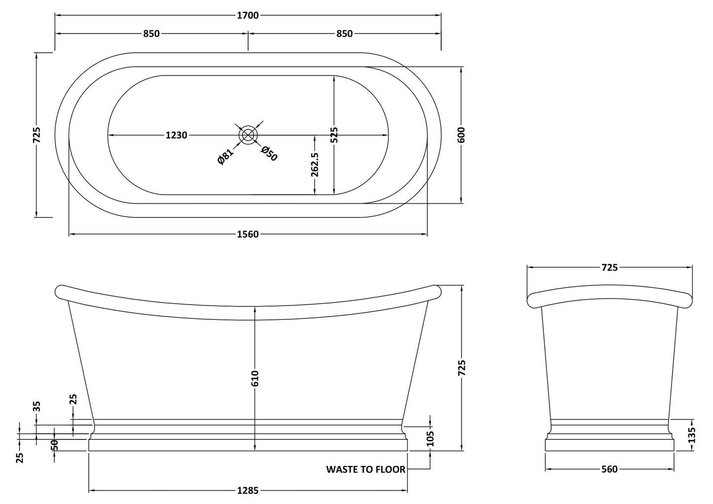 BC Designs copper nickel freestanding bathtub, 1700mm inner length, elegant boat-style bathtub with smooth finish.