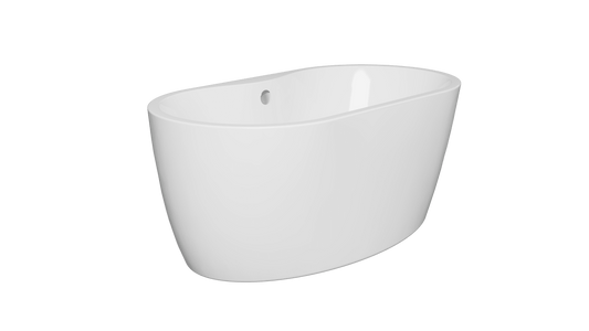 Frontline AquaKast Ovelis freestanding bathtub with sleek oval design, shown from the side in a spacious bathroom setting.