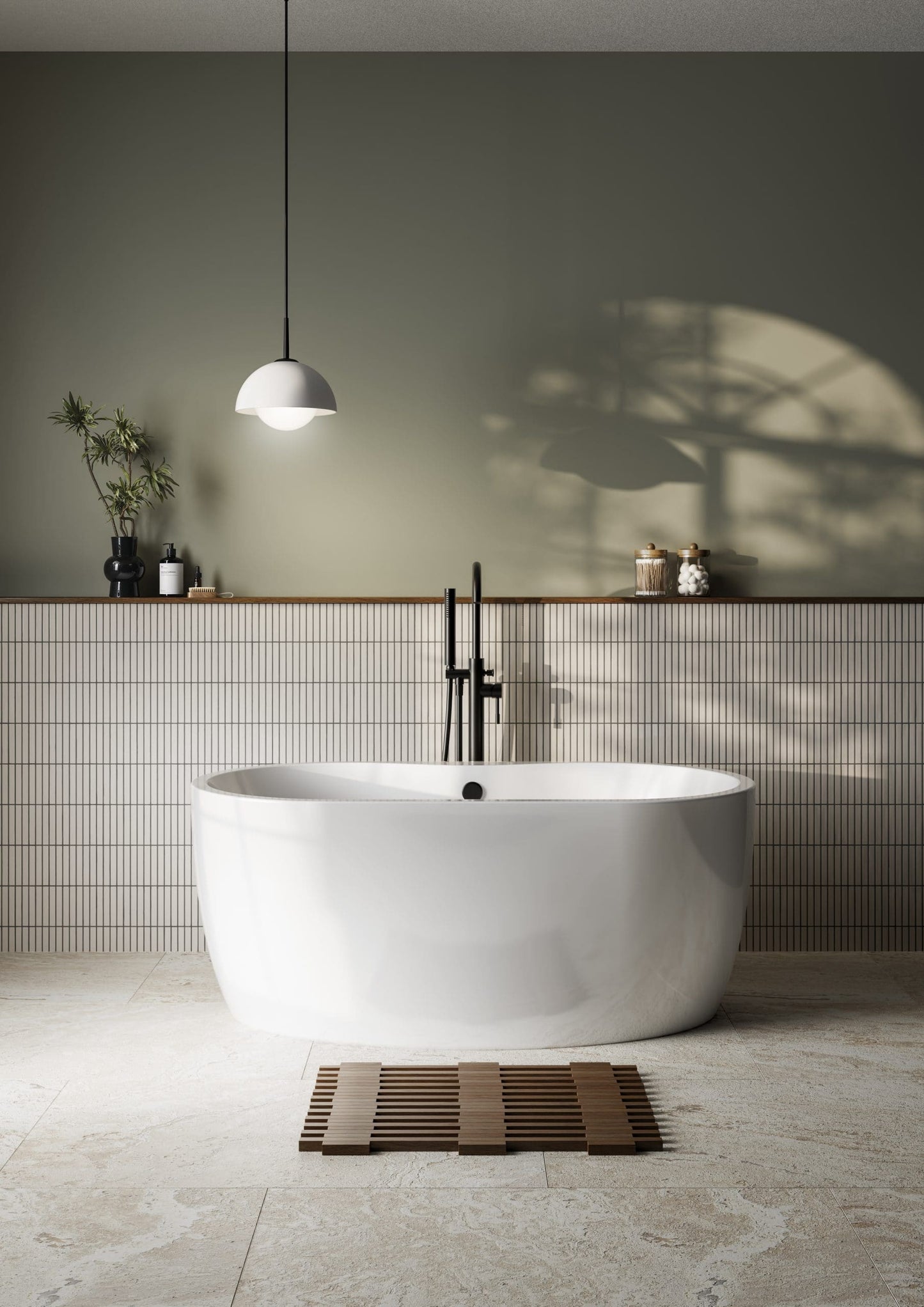 Frontline Frontline AquaKast Ovelis Petite freestanding bathtub in white, showing its sleek oval shape and dimensions.