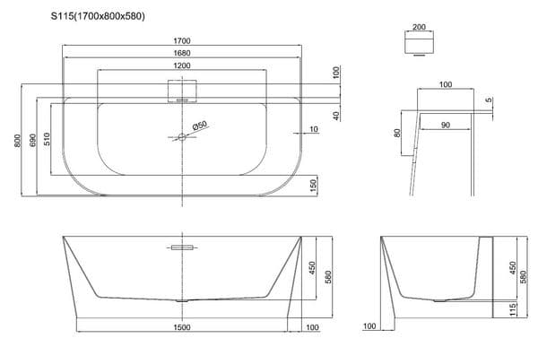 Nabis D-Shape floor-standing bathtub with dimensions 1700x800x580mm, featuring a sleek modern design and smooth white finish.