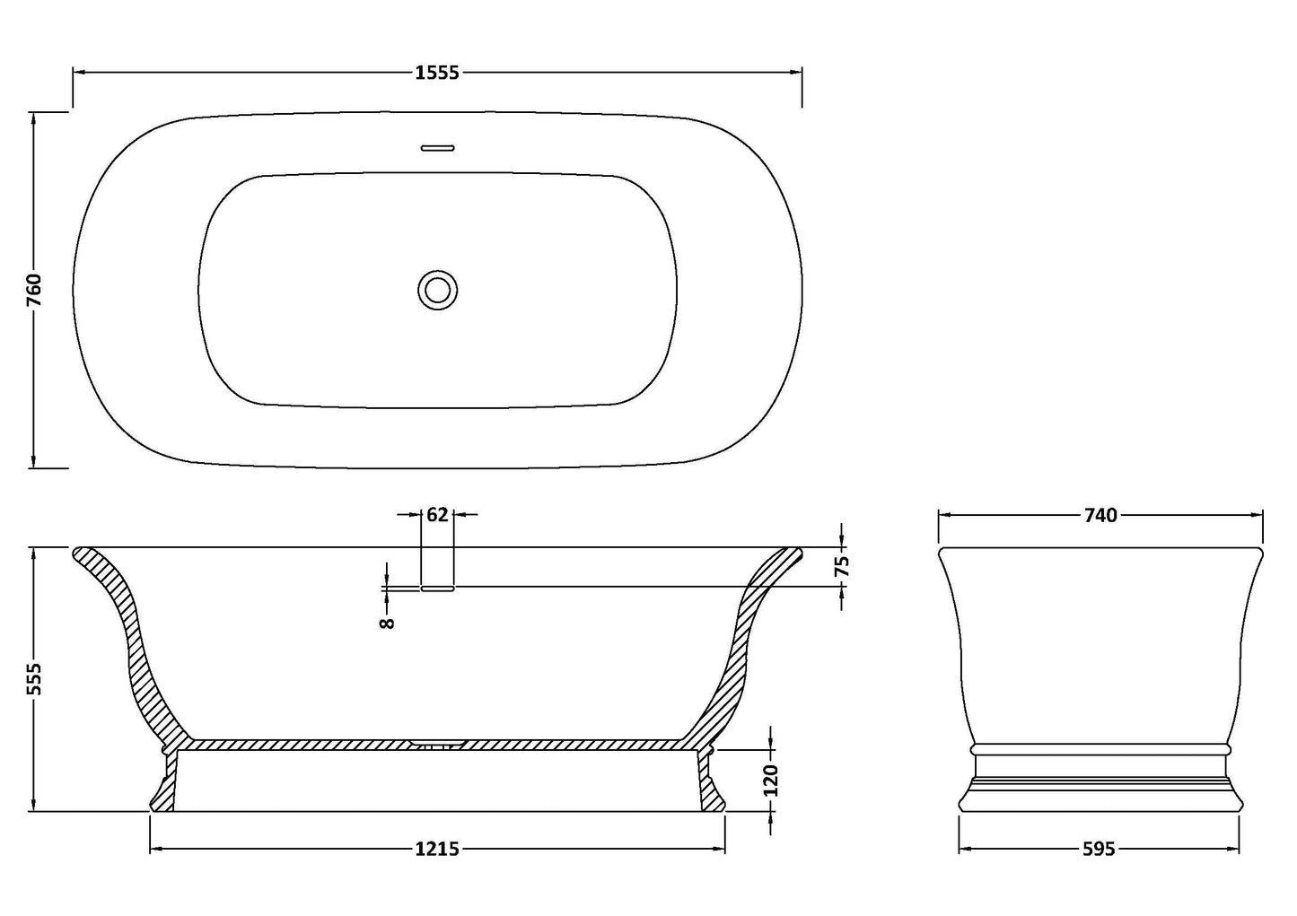 White freestanding bathtub by BC Designs, Bampton model, 1555mm size, with smooth matte finish, perfect for modern bathrooms.