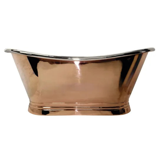 BC Designs Copper Nickel 1700mm freestanding boat bathtub, sleek and modern copper-nickel finish, with smooth curved design.