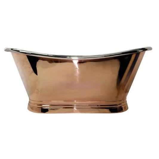BC Designs Copper Nickel 1700mm freestanding boat bathtub, sleek and modern copper-nickel finish, with smooth curved design.