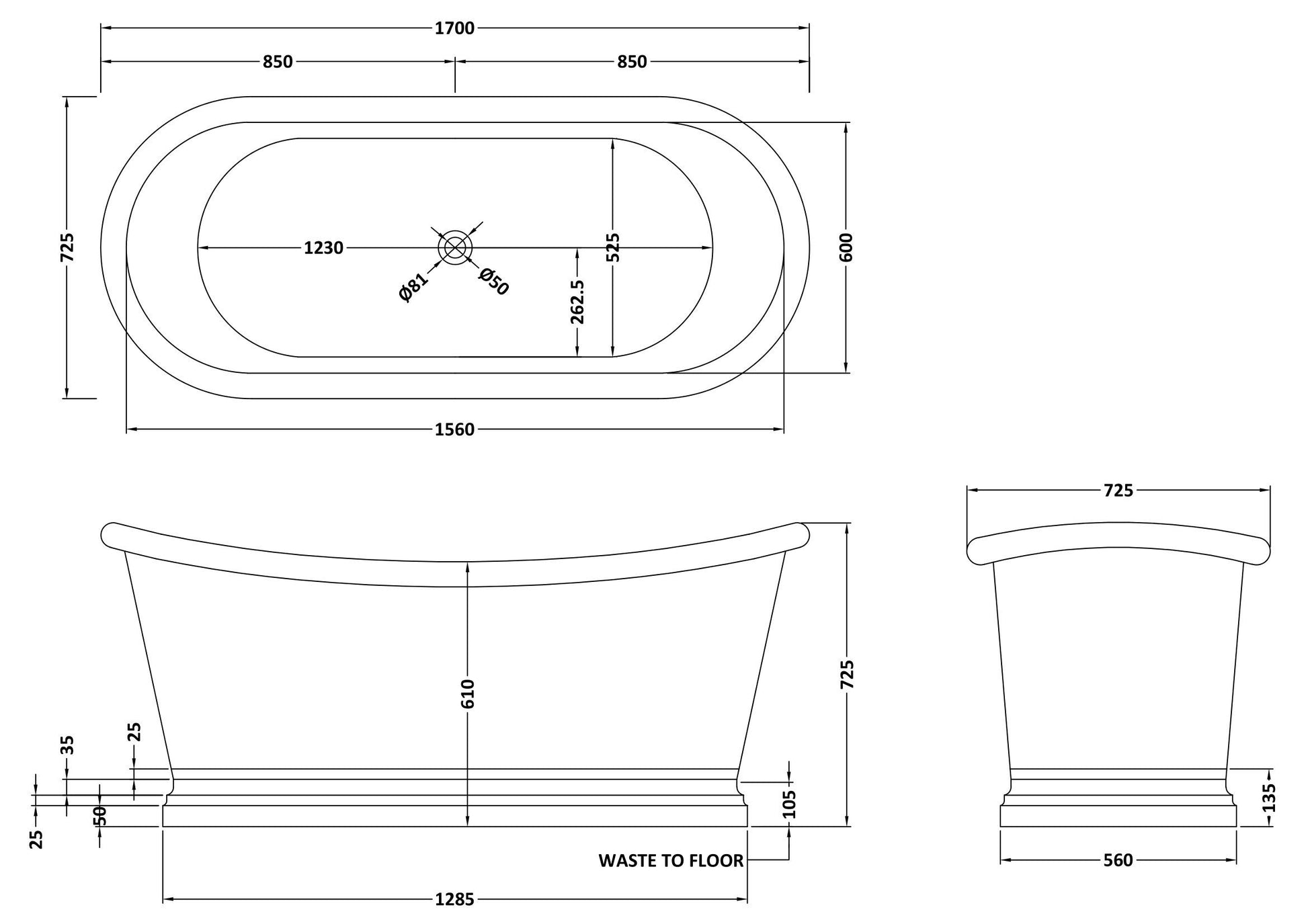 BC Designs copper nickel freestanding bathtub, 1700mm inner length, elegant boat-style bathtub with smooth finish.