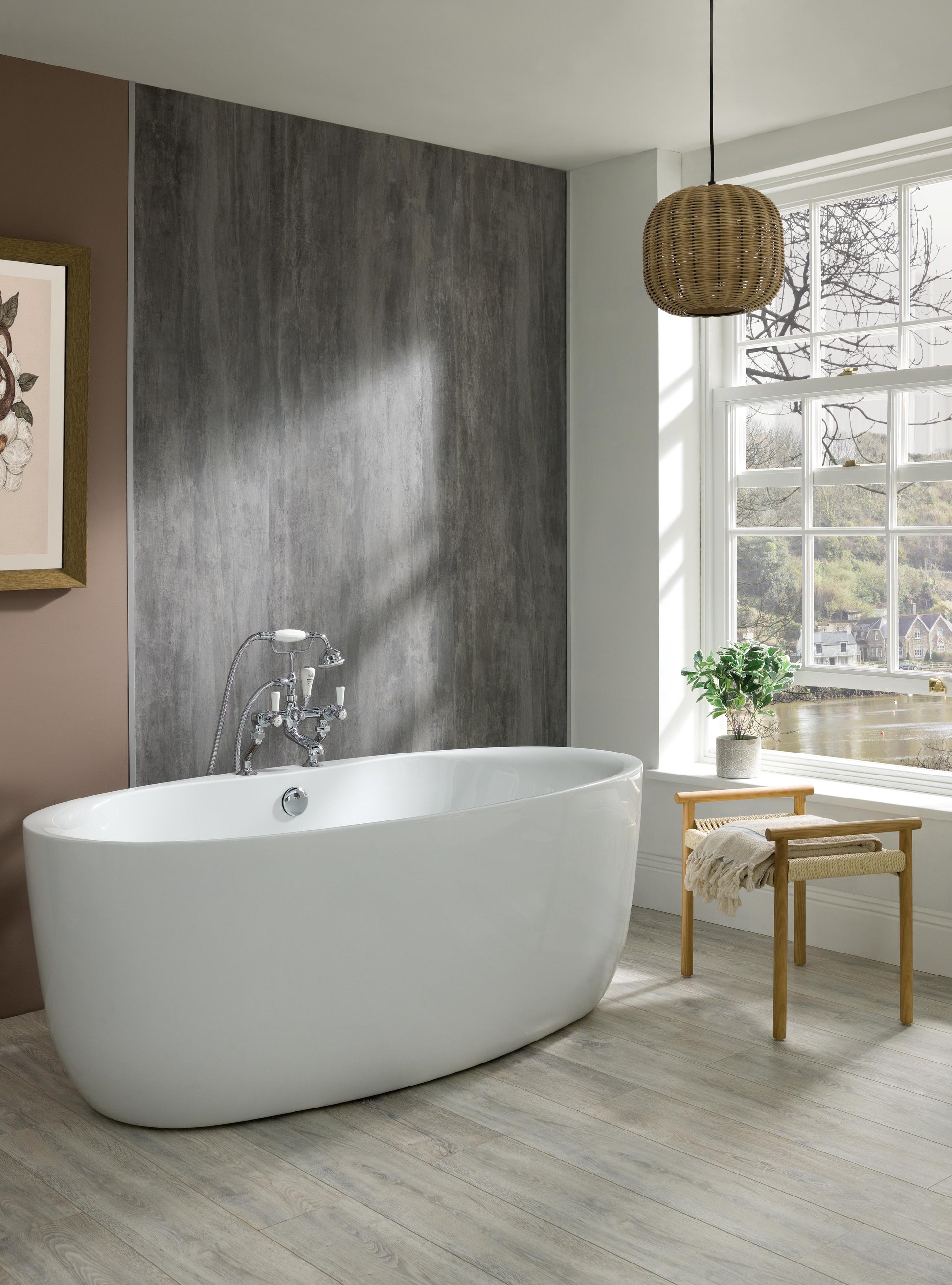 Elegant BC Designs Tamorina freestanding bathtub in white, showcasing its sleek, modern design and smooth curved edges.