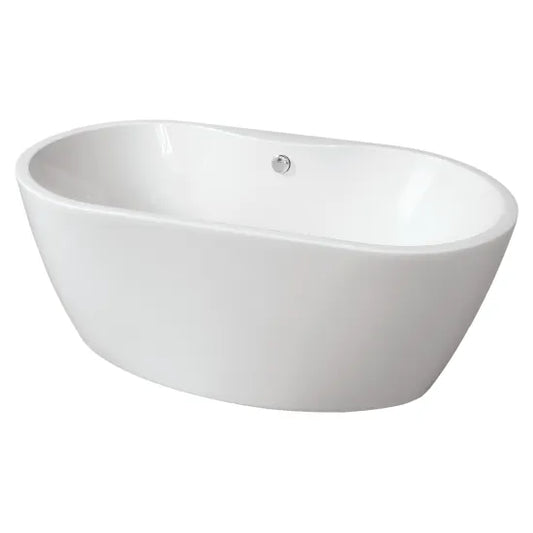 BC Designs Tamorina freestanding bathtub in white with sleek, modern design, shown from a side angle.