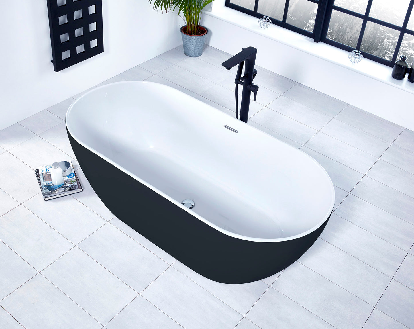 Frontline AquaKast Graphite Summit freestanding bathtub with 1680x800mm dimensions, shown in a modern bathroom setting.