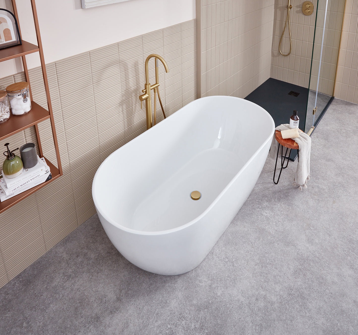 Frontline AquaKast Summit freestanding bathtub with sleek white finish, 1480 x 750mm, shown in a modern bathroom setting
