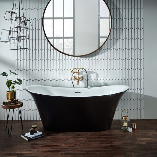 Frontline Bow Graphite freestanding bathtub with sleek design, 1800 x 800mm, shown in a modern bathroom setting.
