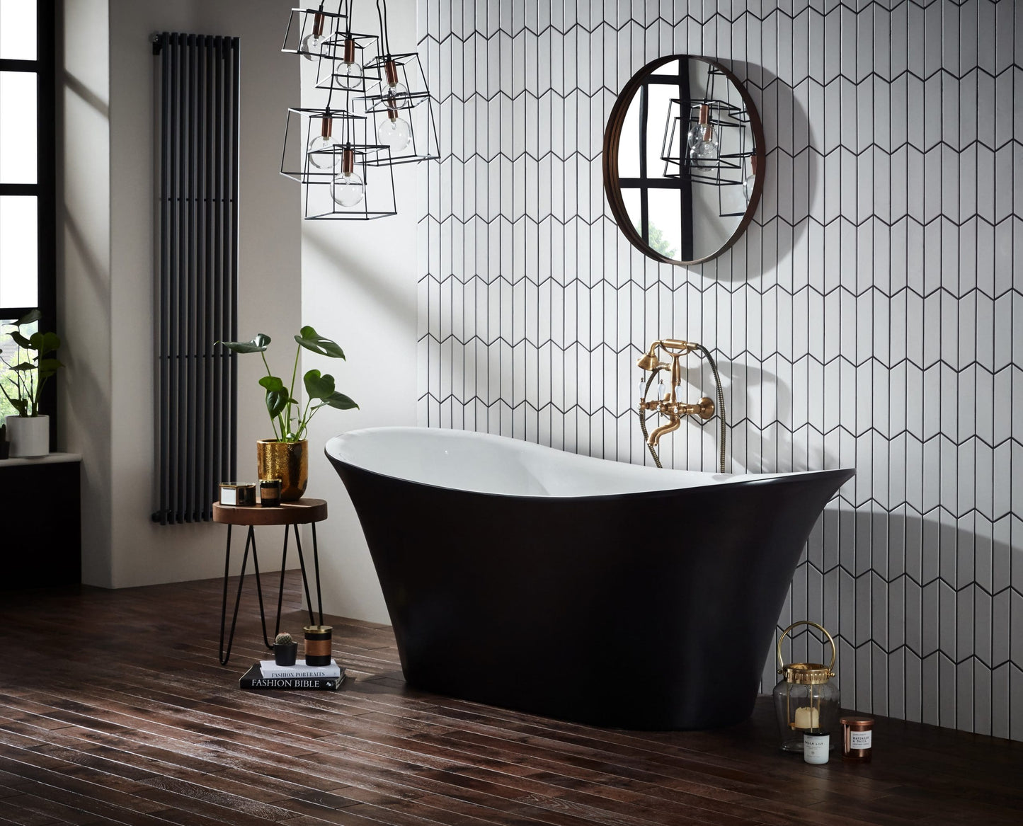 Frontline Bow White Freestanding Bathtub in Graphite finish, 1800 x 800mm, shown in a modern bathroom setting