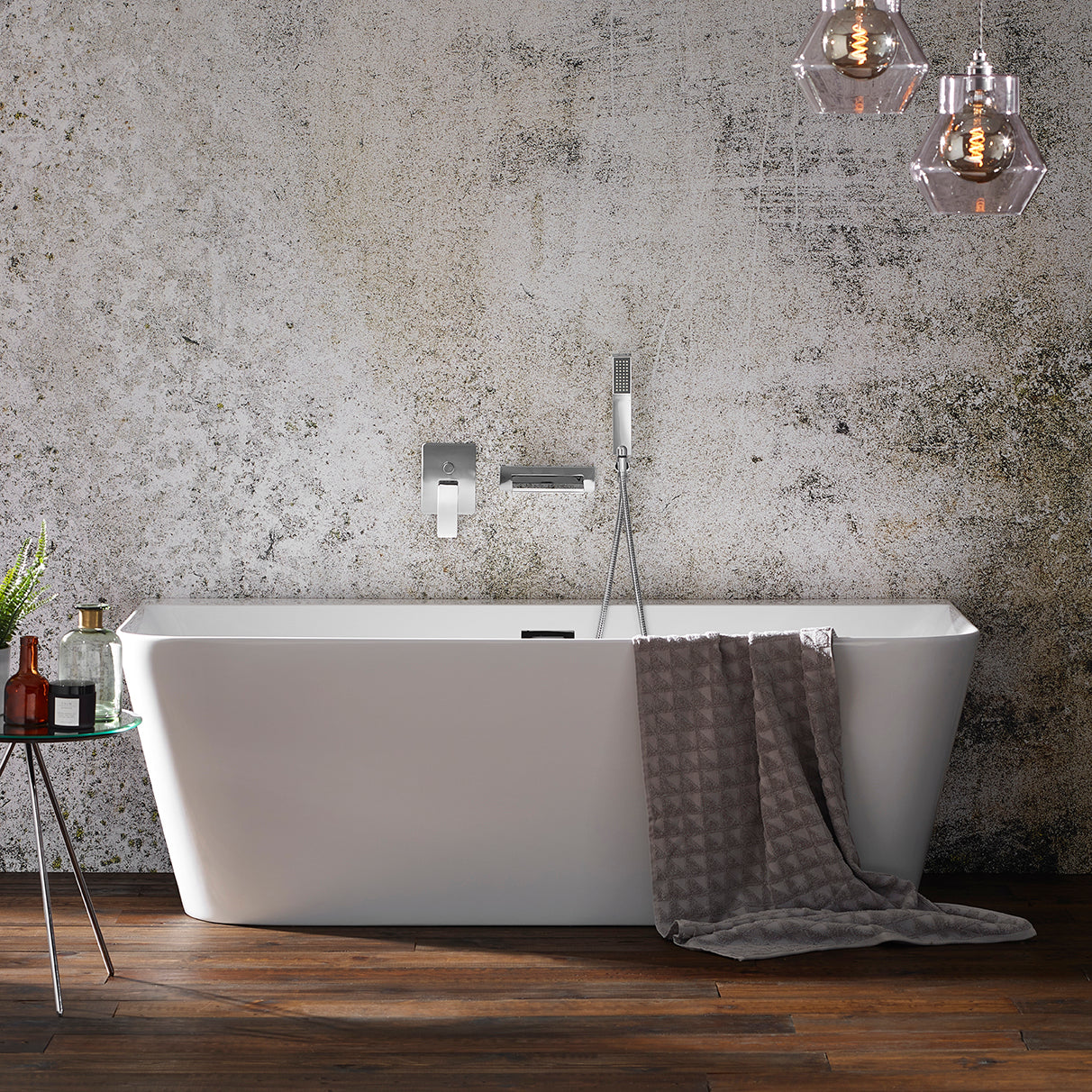 Frontline Aquakast Mono freestanding back-to-wall bathtub, 1700x800mm, with sleek modern design and smooth white finish.