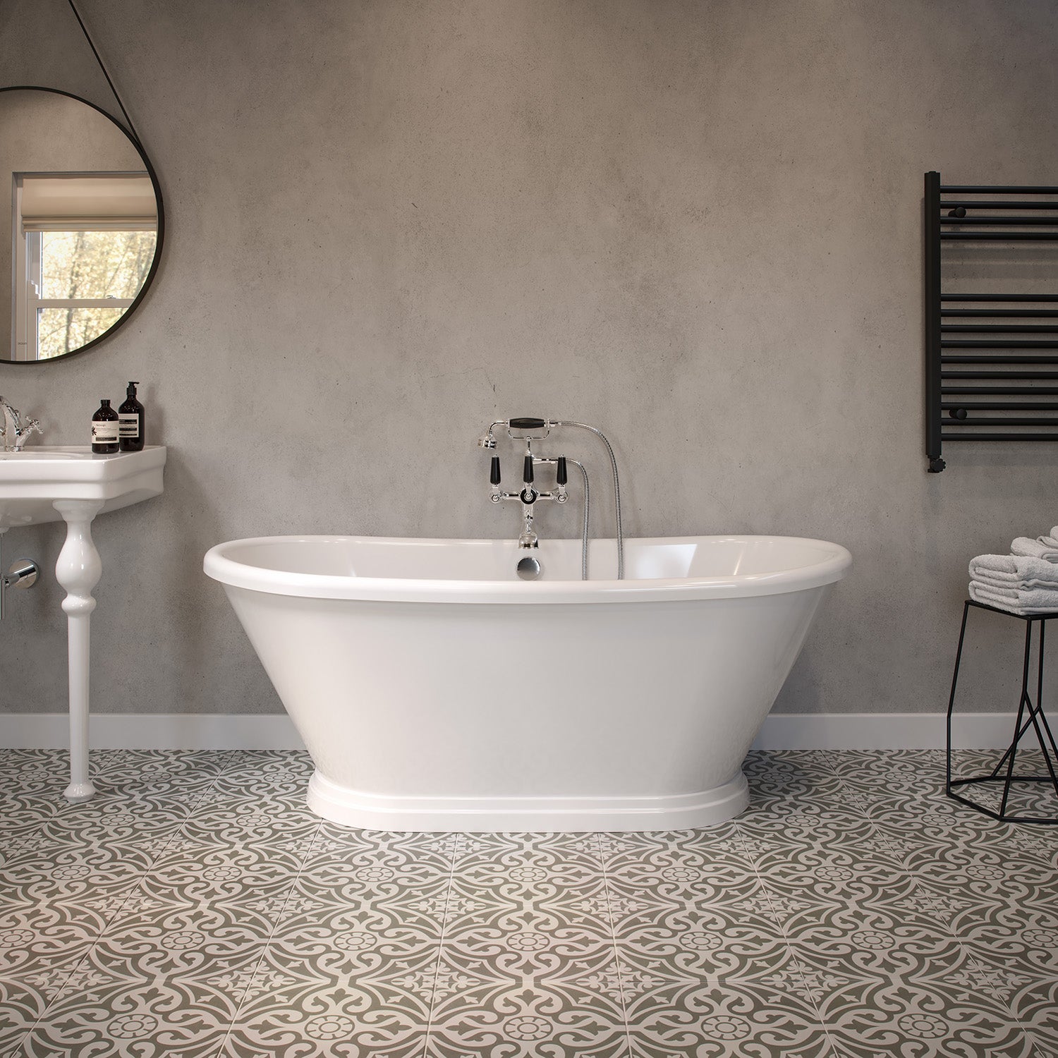 Frontline Empire freestanding bathtub with sleek white finish, 1655x750mm, displayed in a modern bathroom setting.