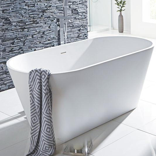 Frontline AquaKast Cusco solid surface freestanding bathtub, 1650 x 830mm, with smooth, modern design and sleek white finish.