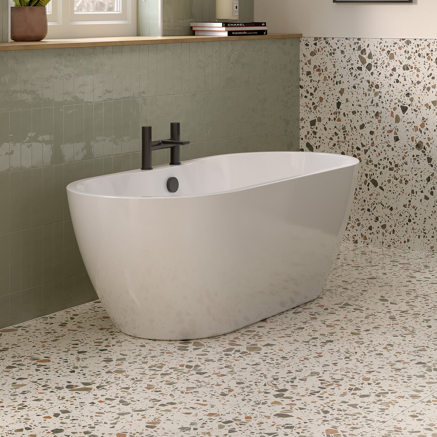 Frontline AquaKast Florence freestanding bathtub with sleek design, measuring 1655x745mm, shown in a modern bathroom setting.