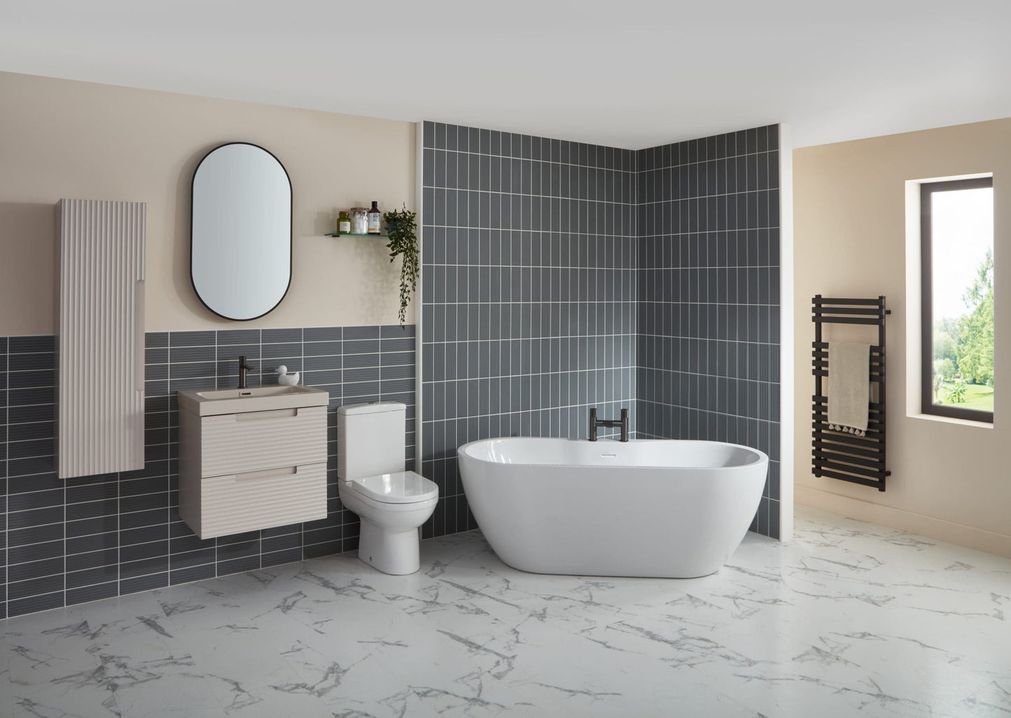 Frontline AquaKast Florence freestanding bathtub in a modern bathroom, showcasing its sleek design and spacious interior.