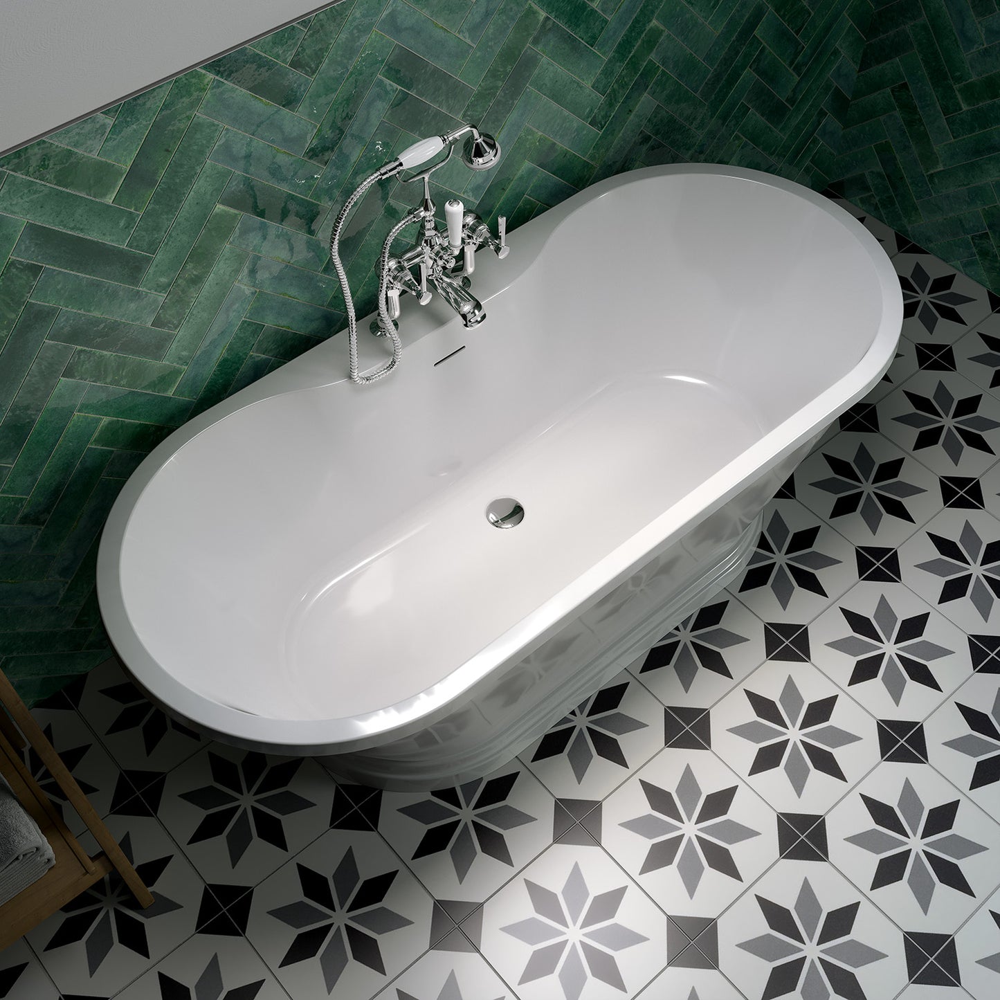 Frontline Napoli freestanding bathtub in white, with smooth curves and modern design, shown in a stylish bathroom setting.