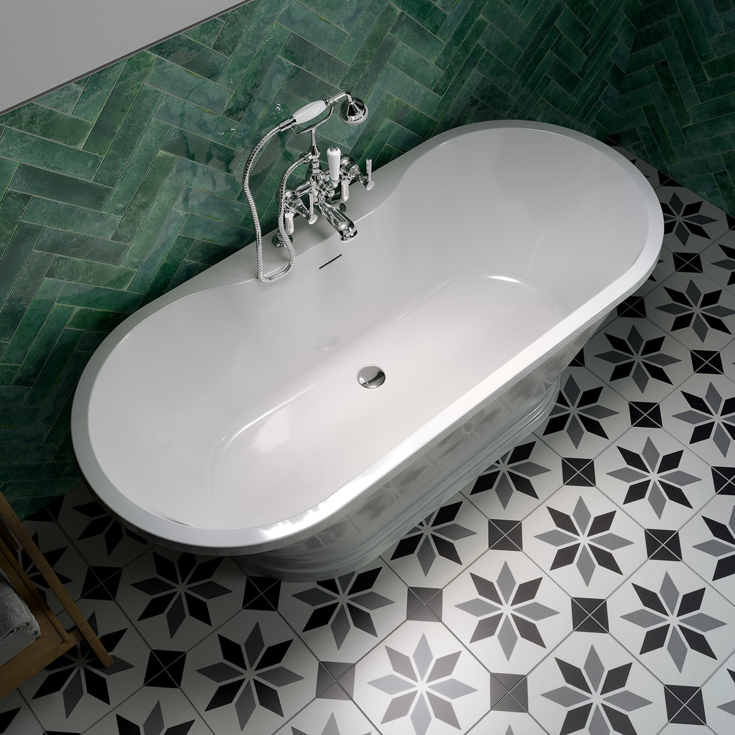 Frontline Napoli freestanding bathtub in white, with smooth curves and modern design, shown in a stylish bathroom setting.