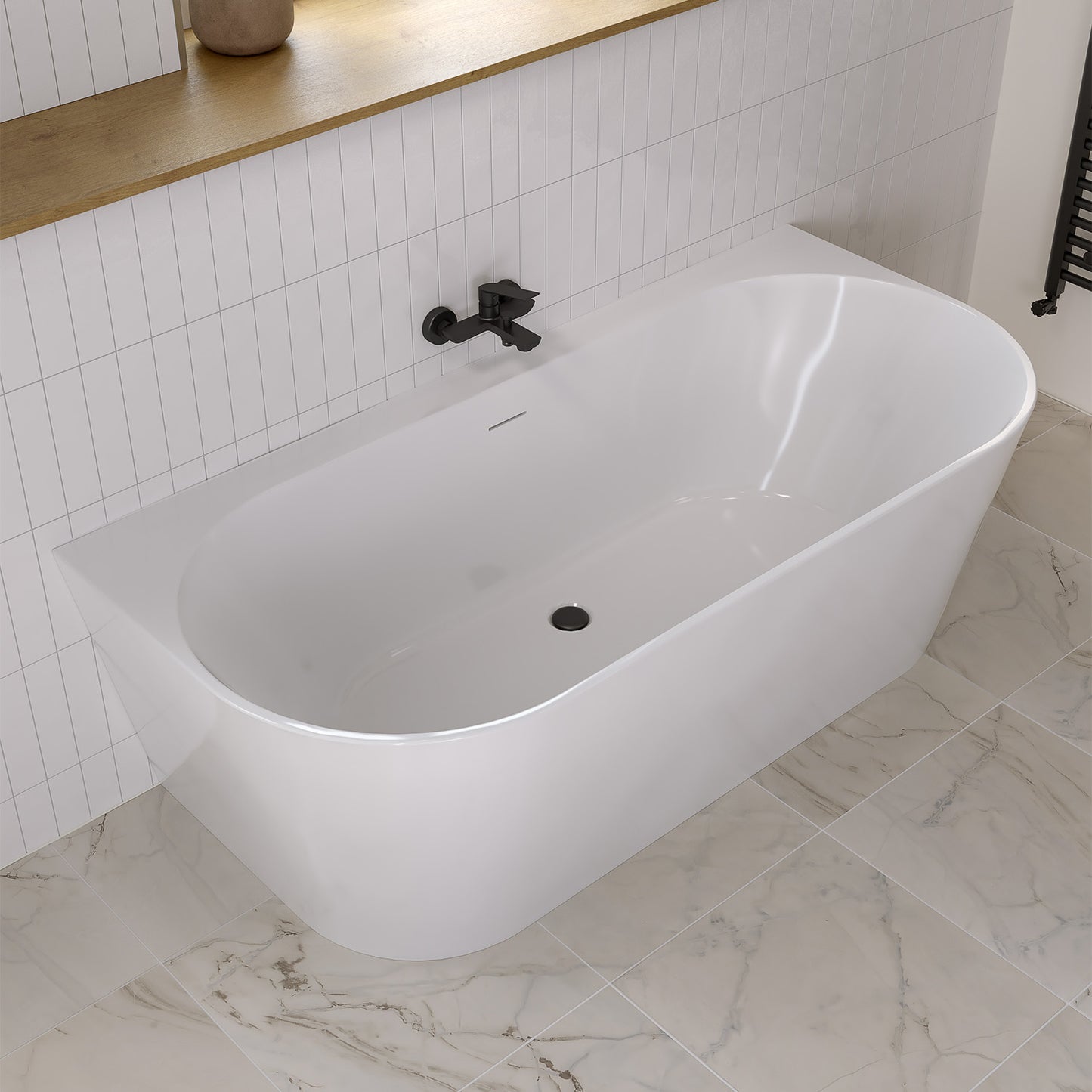 Frontline AquaKast Siena freestanding back-to-wall bathtub, 1700x800mm, with modern design and smooth white finish.