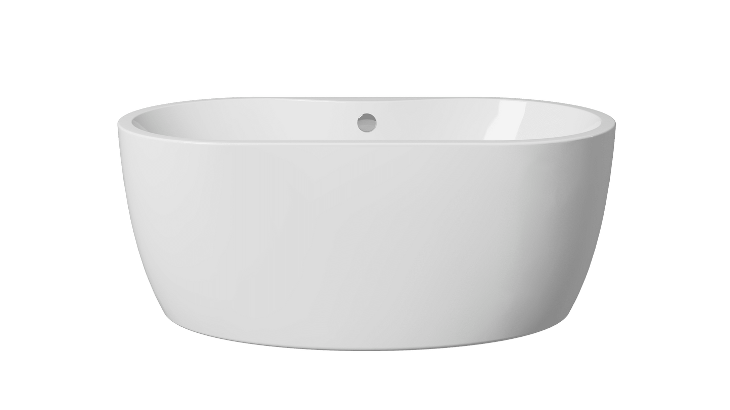 Frontline AquaKast Ovelis freestanding bathtub with oval shape, white finish, and dimensions 1600mm by 800mm, shown from front view.