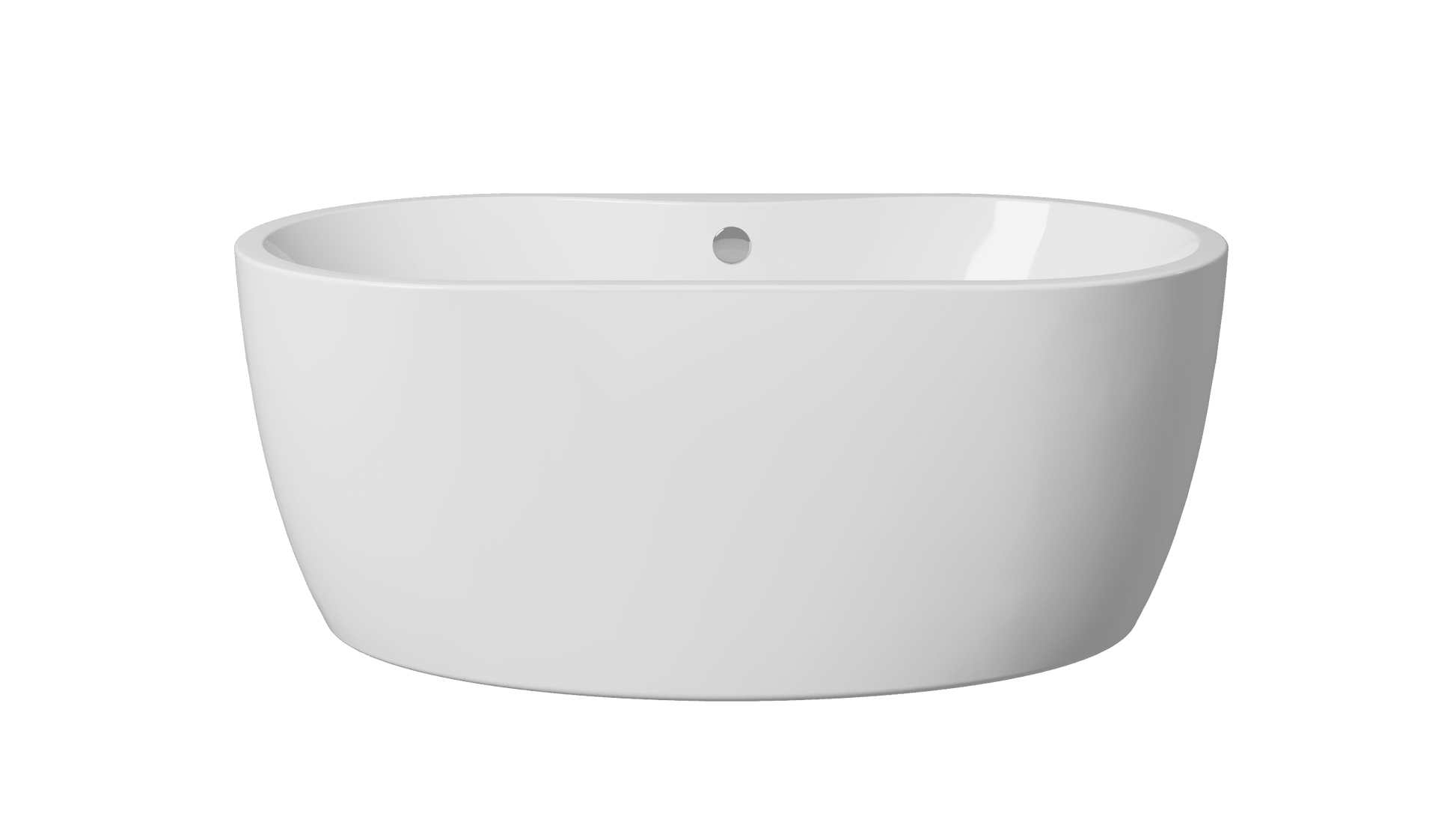 Frontline AquaKast Ovelis freestanding bathtub with oval shape, white finish, and dimensions 1600mm by 800mm, shown from front view.