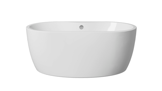 Frontline AquaKast Ovelis freestanding bathtub with oval shape, white finish, and dimensions 1600mm by 800mm, shown from front view.