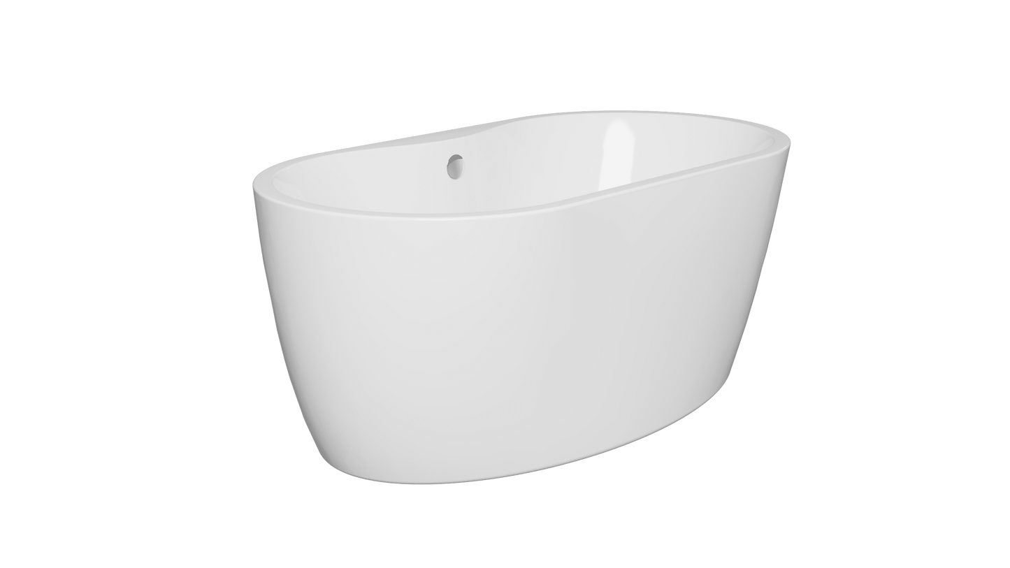 Frontline AquaKast Ovelis freestanding bathtub with sleek oval design, shown from the side in a spacious bathroom setting.