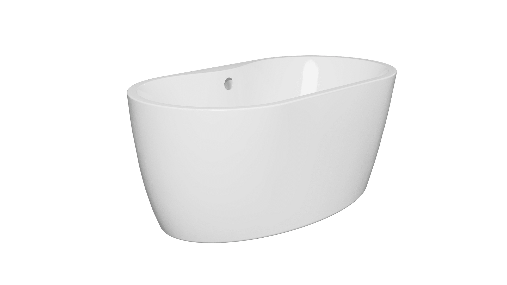 Frontline AquaKast Ovelis freestanding bathtub with sleek oval design, shown from the side in a spacious bathroom setting.