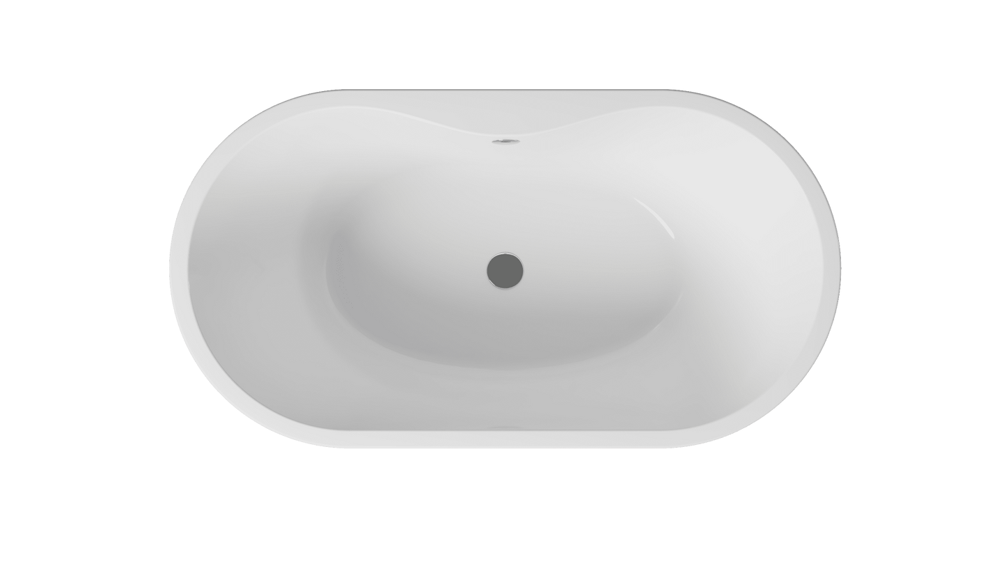 Frontline Frontline AquaKast Ovelis Petite 1400 freestanding bathtub with white acrylic finish, L1400 x W750 x H580mm.