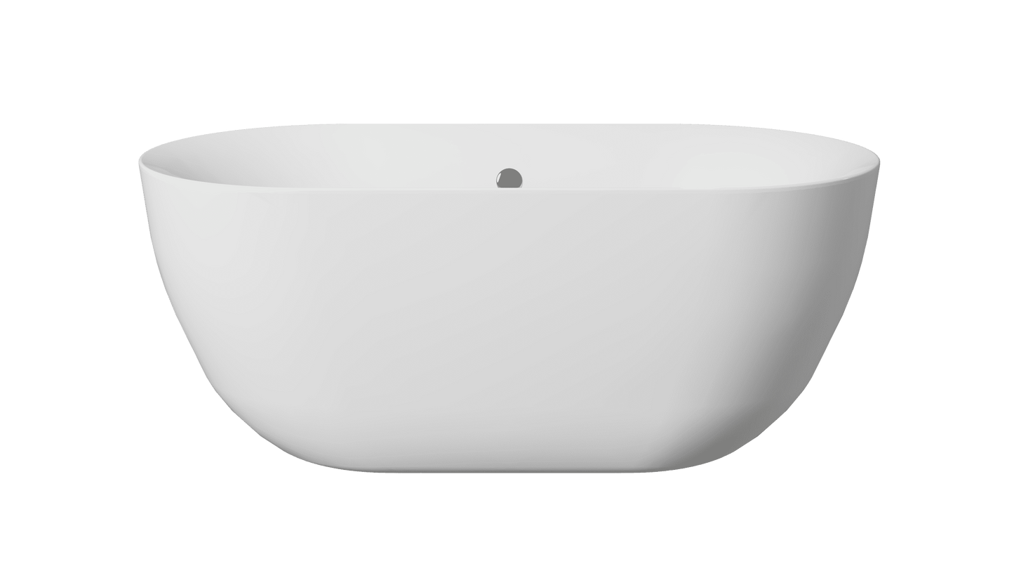 Frontline AquaKast Minuet freestanding bathtub with white finish, L1500mm, W780mm, H600mm, shown from the front angle.