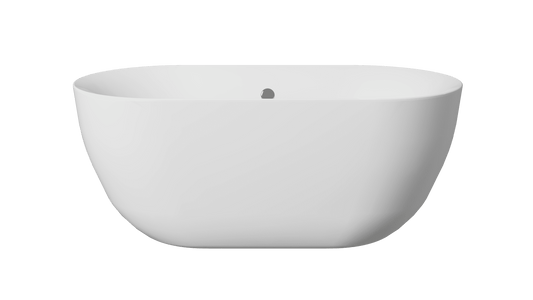 Frontline AquaKast Minuet freestanding bathtub with white finish, L1500mm, W780mm, H600mm, shown from the front angle.