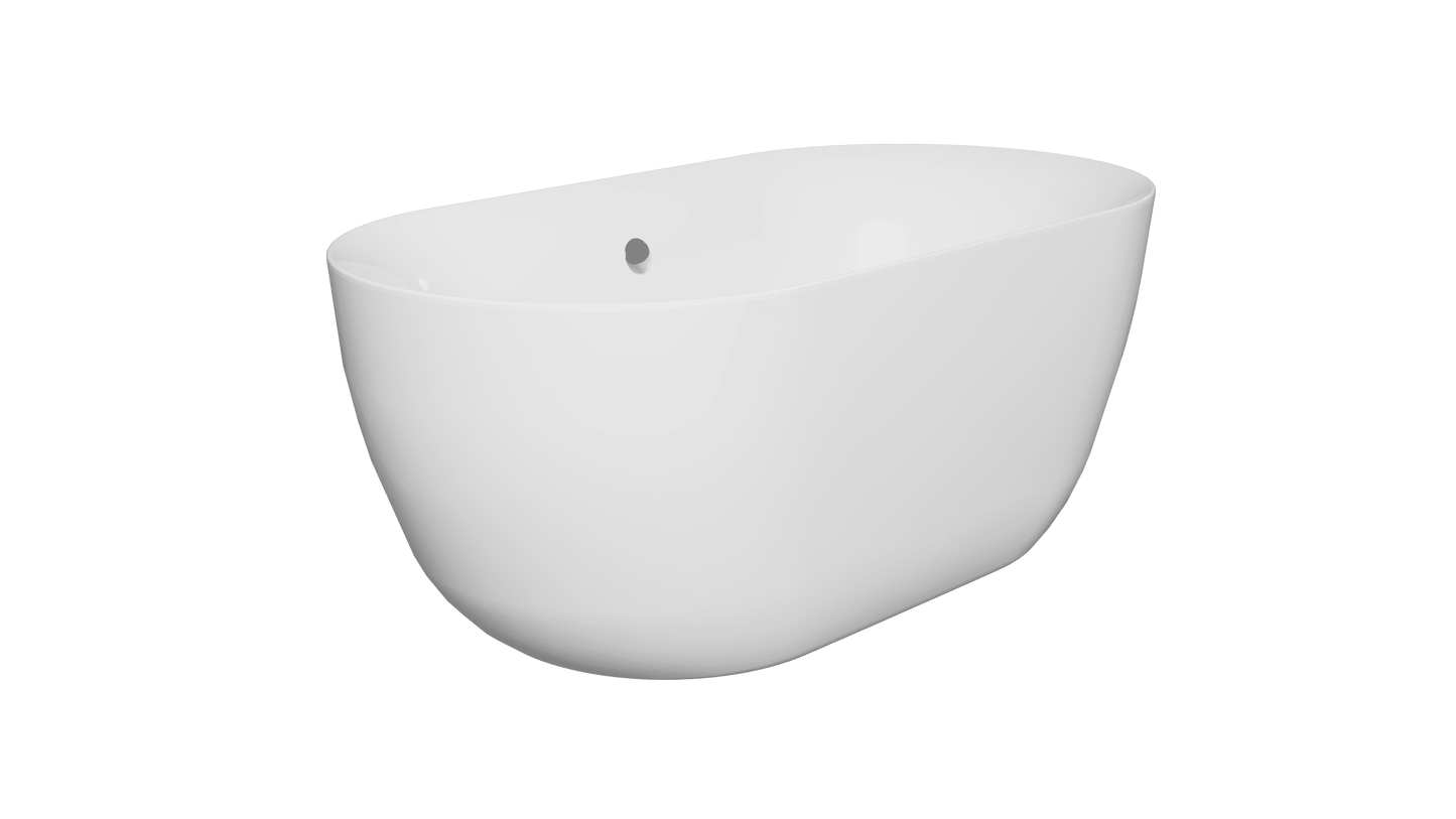 Frontline AquaKast Minuet freestanding bathtub with dimensions 1500x780mm, shown from the side in a modern bathroom setting.