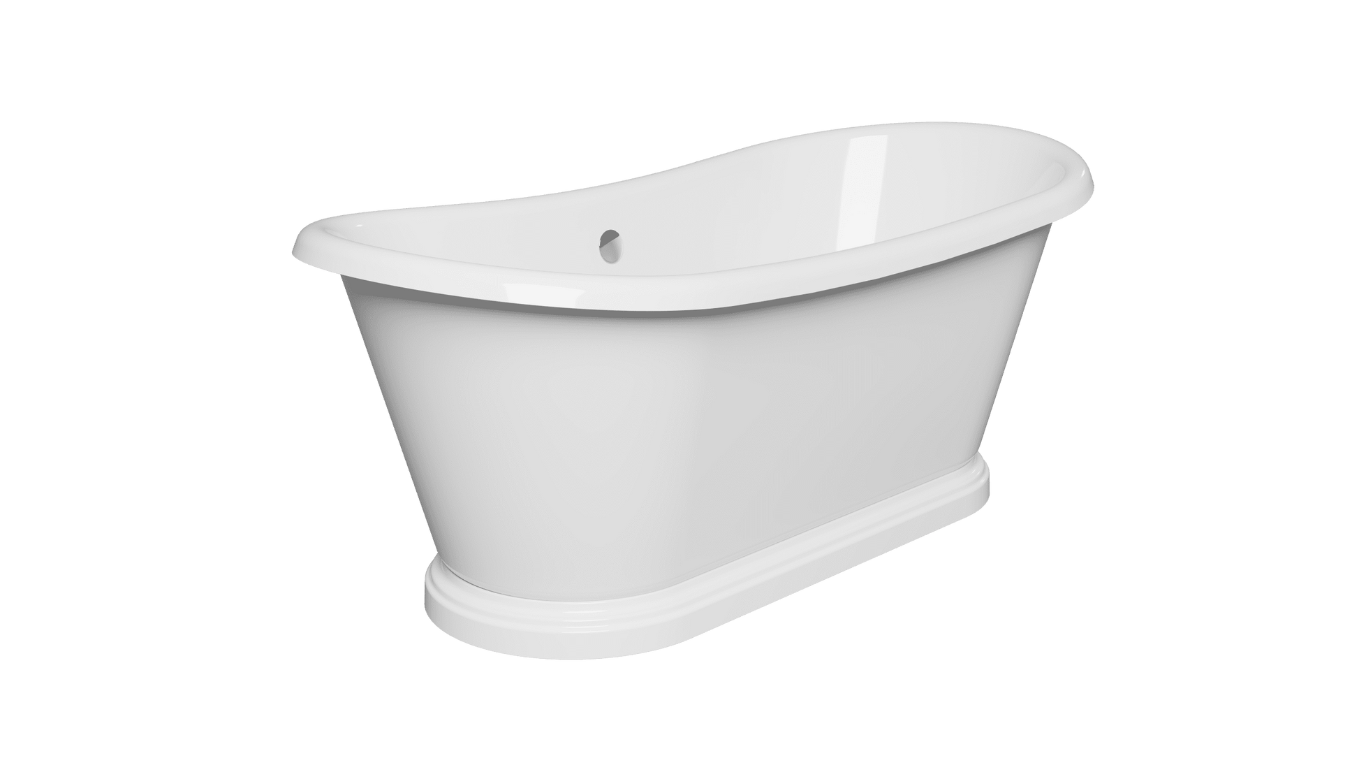 Frontline Marine Slipper freestanding bathtub with curved design, shown from the side, featuring smooth white acrylic surface.