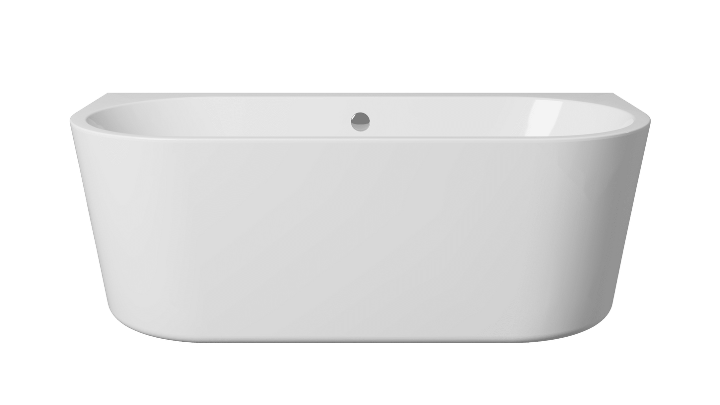Frontline Osyn freestanding bathtub with round shape, white ceramic finish, dimensions 1640x760x590mm, shown from the front angle.