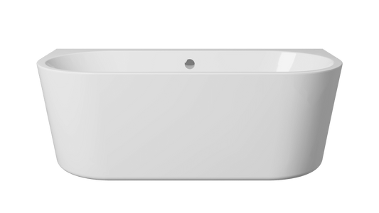 Frontline Osyn freestanding bathtub with round shape, white ceramic finish, dimensions 1640x760x590mm, shown from the front angle.