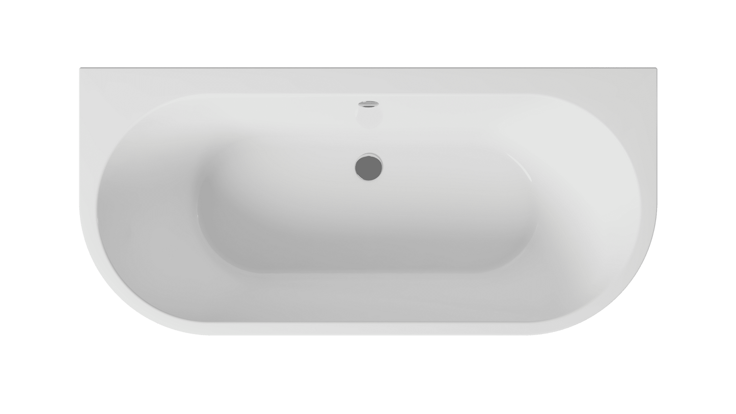 Frontline Osyn freestanding bathtub with round edges, 1640mm length, 760mm width, and 590mm height, shown in a modern bathroom setting.