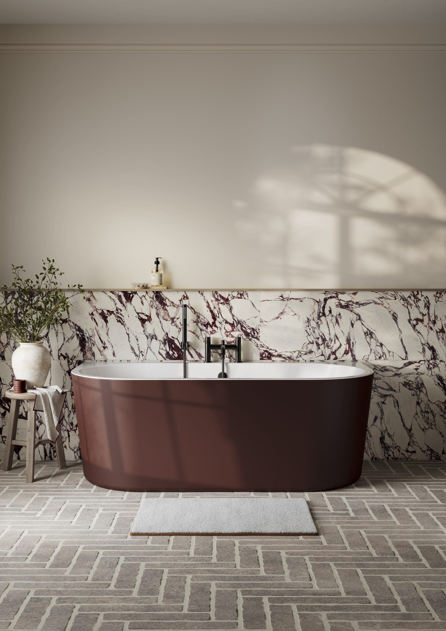 Frontline Osyn freestanding bathtub with eggshell finish, measuring 1640mm length, 760mm width, and 590mm height.