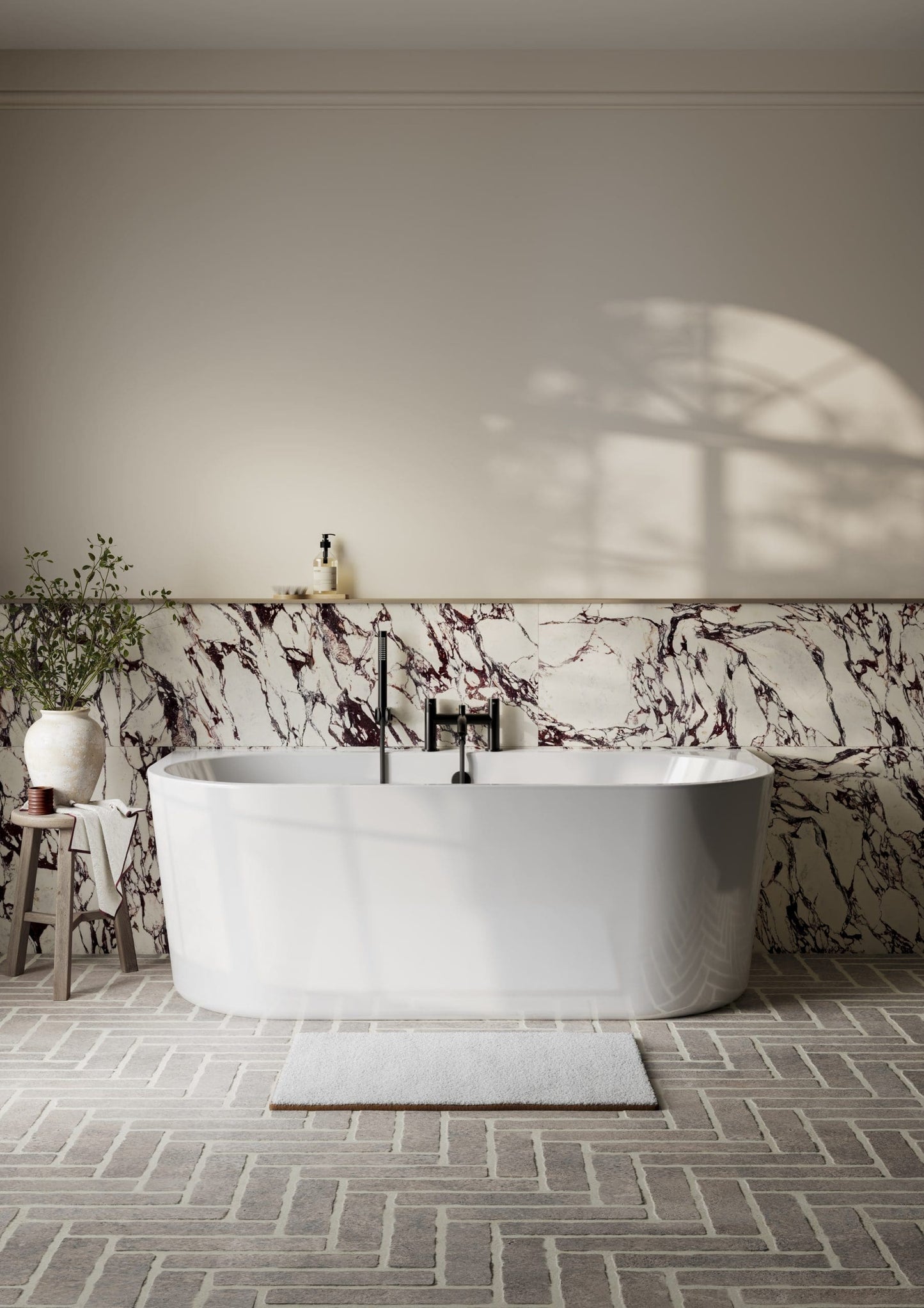 Frontline Osyn freestanding bathtub with white acrylic finish, measuring 1640mm long, 760mm wide, and 590mm high.