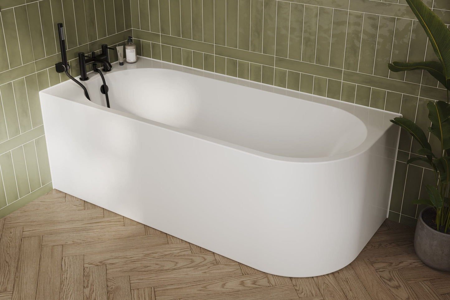 Frontline AquaKast Nuvion left-handed freestanding bathtub with sleek design, measuring 1690mm length, 750mm width, and 590mm height.