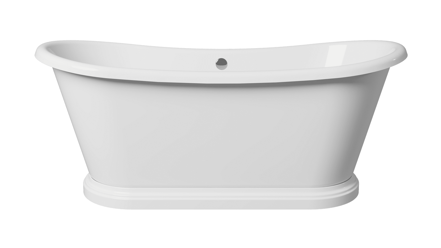 Frontline Mariner boat-shaped freestanding bathtub with white finish, featuring smooth curves and modern design, dimensions L1580mm.