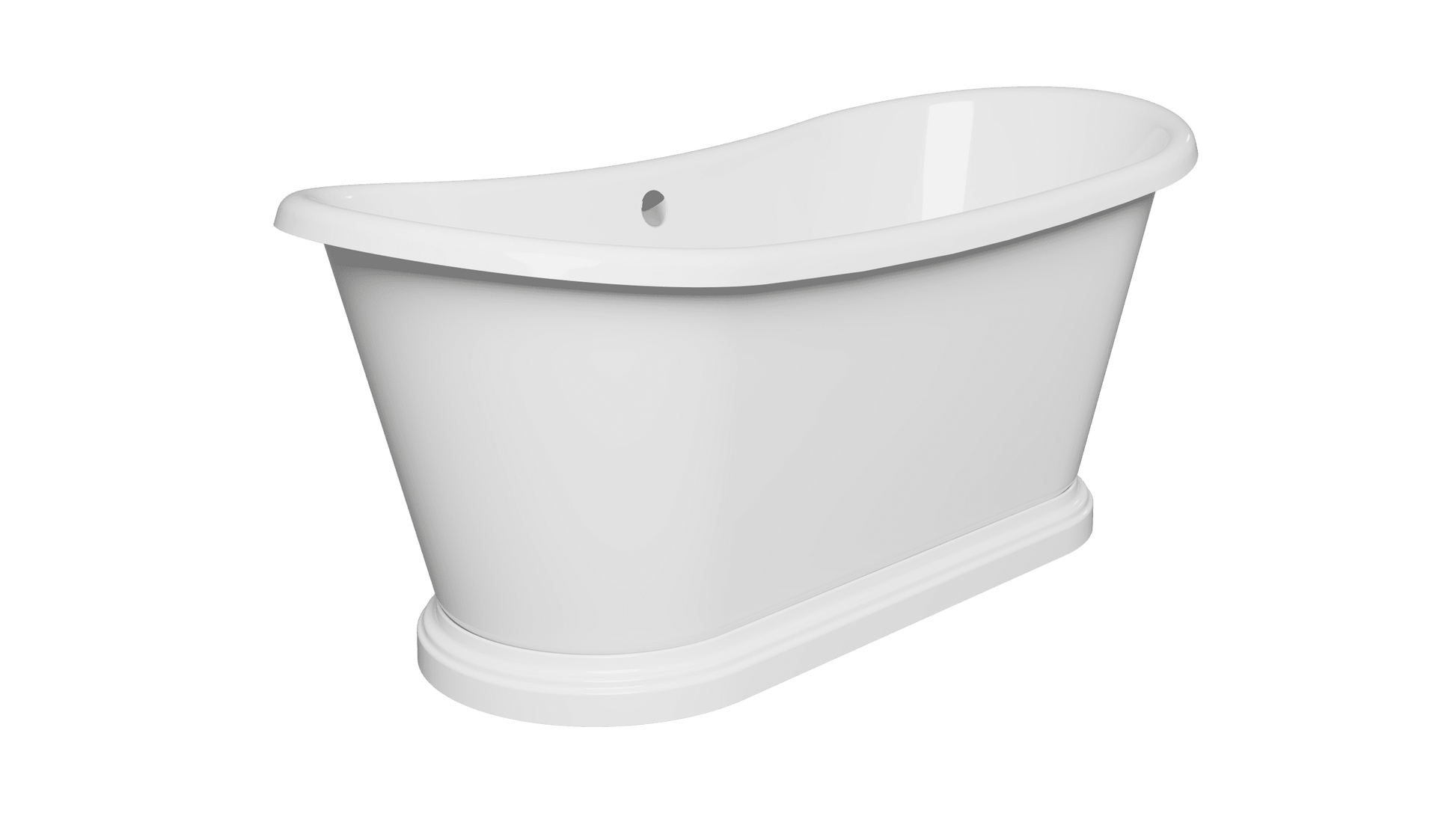 Frontline Mariner boat-shaped freestanding bathtub shown from side view, with L1580mm length and modern design.