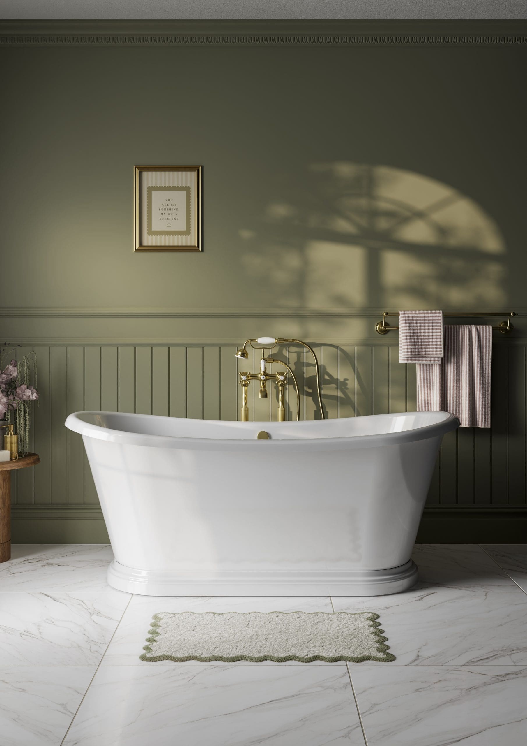 Frontline Mariner Boat freestanding bathtub with sleek white finish, measuring 1580mm long, 750mm wide, and 648mm high.