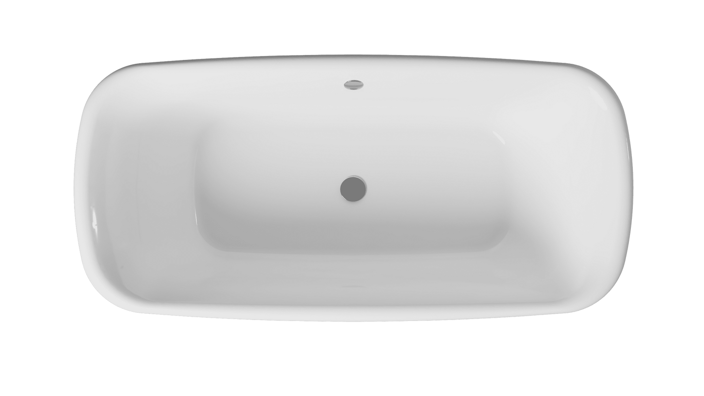 Frontline AquaKast Finesse freestanding bathtub with sleek design, white acrylic finish, shown from top view with dimensions.