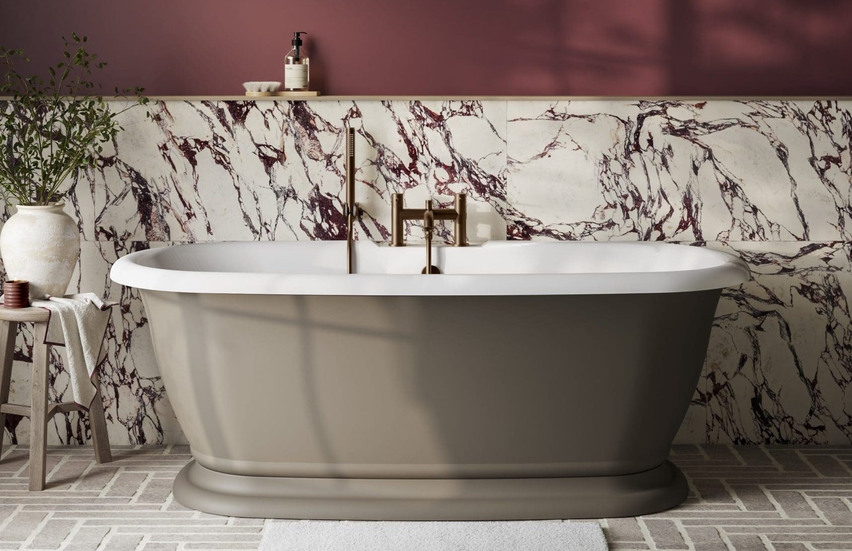 Frontline Desire freestanding bathtub in taupe eggshell finish, with dimensions L1640mm x W760mm x H590mm, shown in the image.