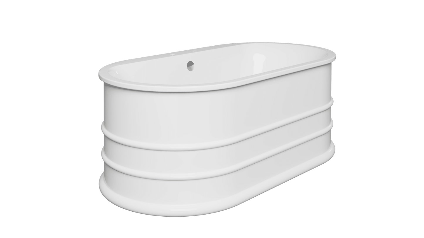Frontline Mosoa freestanding bathtub with rectangular shape, white finish, shown from side view, measuring L1500 x W800 x H600mm.