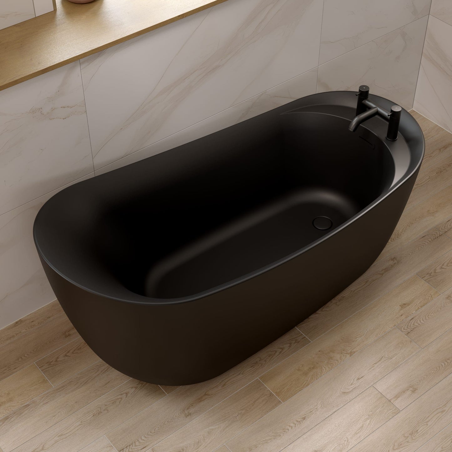 White Frontline AquaKast Ophelia freestanding bathtub shown from overhead, highlighting its sleek, modern design.