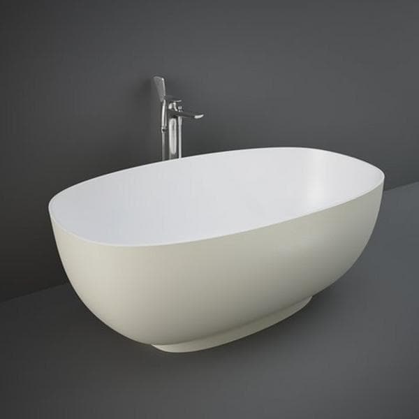 Black RAK Cloud freestanding bathtub with a smooth, curved design and greige background, showcasing its modern, elegant appearance.