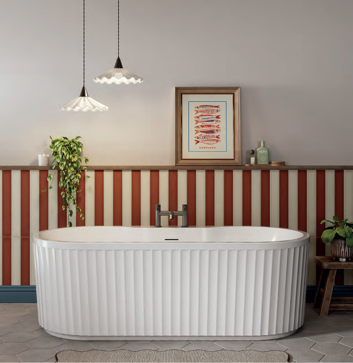 Frontline Aquakast Selinus freestanding bathtub in a modern bathroom, showcasing its sleek design and spacious interior.