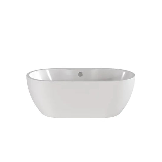 Nuie Choice 1555mm freestanding bathtub with legs, modern oval design, showcasing smooth white ceramic surface and sturdy support feet.
