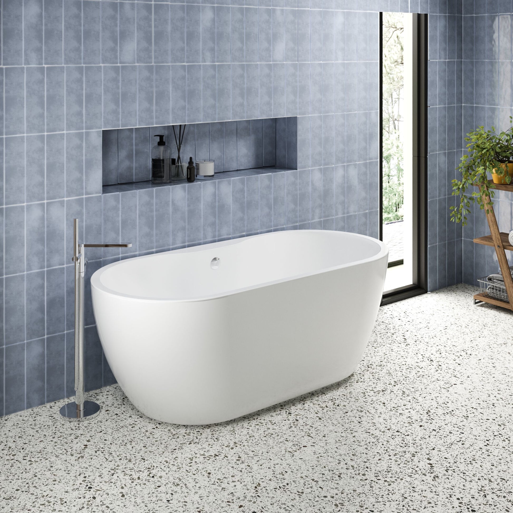 Nuie Choice 1555mm freestanding bathtub with legs, modern white ceramic bath for luxurious bathroom use.