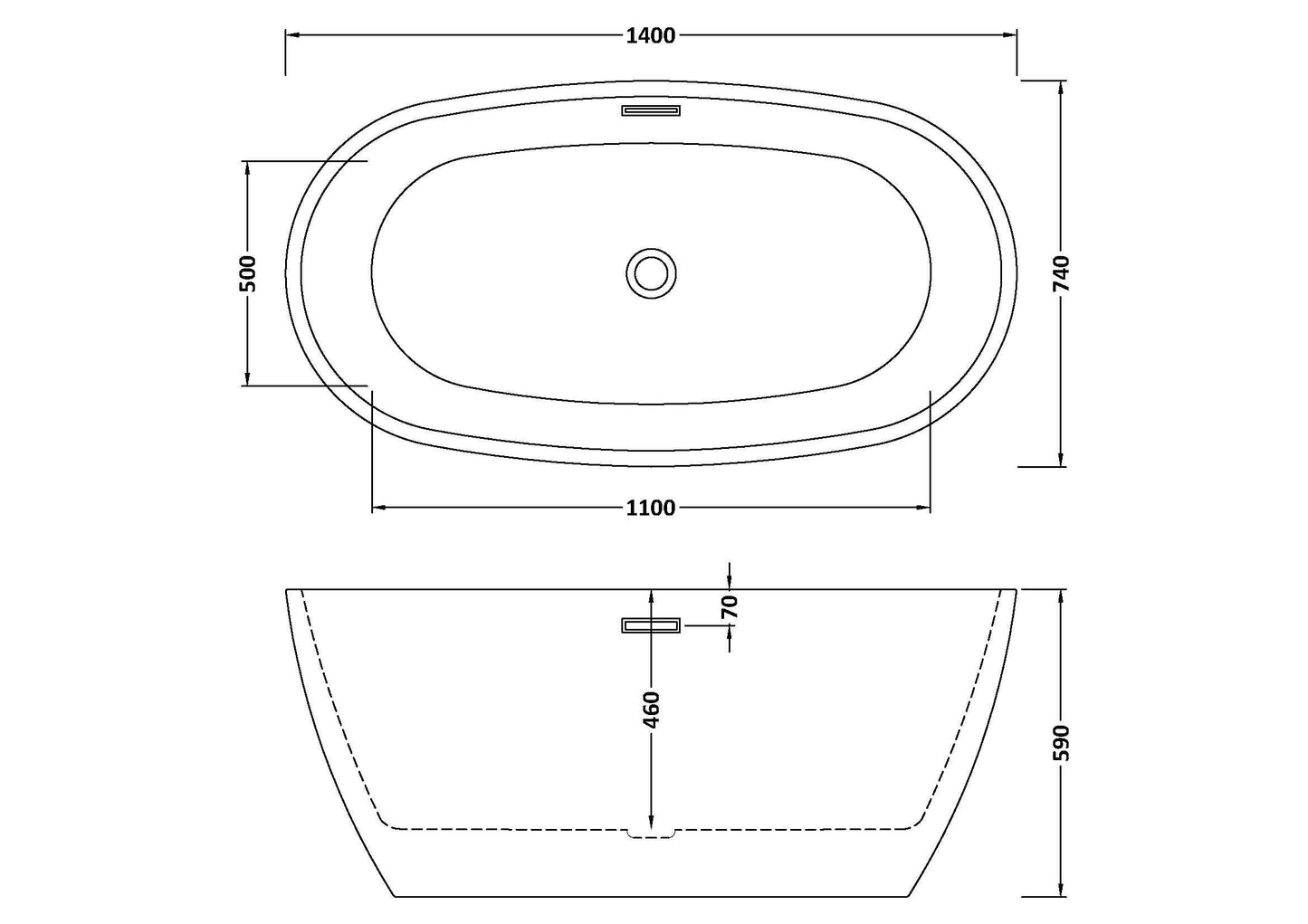 Nuie Choice Pendulum oval freestanding bathtub, 1400mm length, stylish modern design, smooth white finish, ideal for contemporary bathrooms.